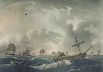Ramillies vattenfylld, med sin amiral och besättning som lämnar vraket, graverad av Francis Jukes (1745-1812), utgiven 1795